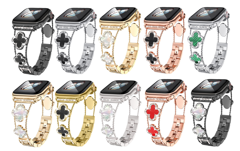 Sparkle Diamond Metal Bands for Apple iWatch Four-leaf Clover Replacement Watch Straps
