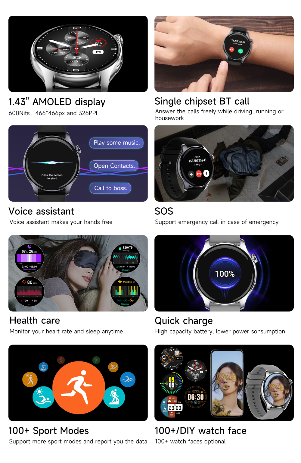 100+Sport Smart Watch Healthcare Sleep Monitor Amoled 1.43" Fitness Tracker