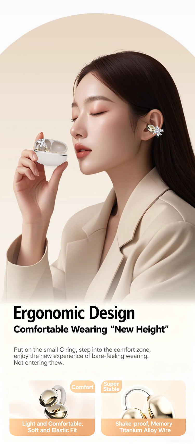 HiFi Stero Earphone Wireless Earbuds Clip Design with Ladies Diamond Buckle Earhook In-Ear Bluetooth TWS ENC
